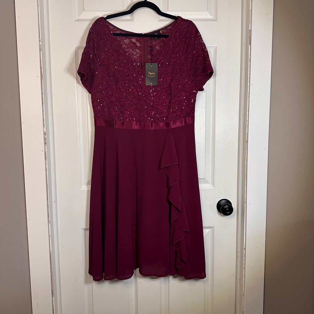 Missmay Maroon Lace Sequin Cocktail Dress XXL Short Sleeve Ruffle Wedding Guest